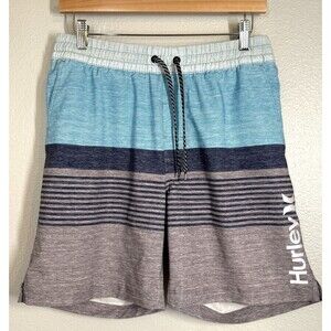 Hurley 7" Swimsuit Trunks Men's M Aqua Grey Blue Striped shorts Liner Drawstring
